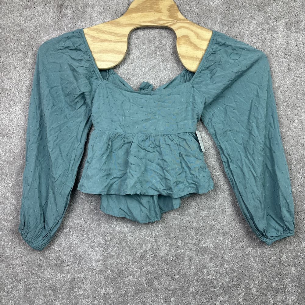 NWT Altard State Womens Crop Top Size Small Long Sleeve Back Bow Blue Smocked